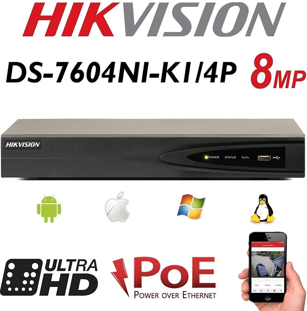 HIKVISION DS-7604NI-K1/4P 4-ch 1U 4 PoE 4K NVR + Hard Disk 2TB