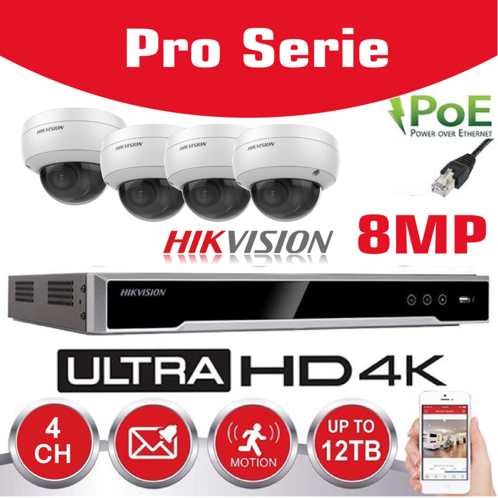 Hikvision IP-Kit 4x Camera 8MP IR / Essential Serie - 4x DS-2CD2183G0-IU Audio Dome Camera IR Standaard 30m - recorder NVR DS-7604NXI-K1/4P 4-kanaals - 2TB harde schijf geïnstalleerd