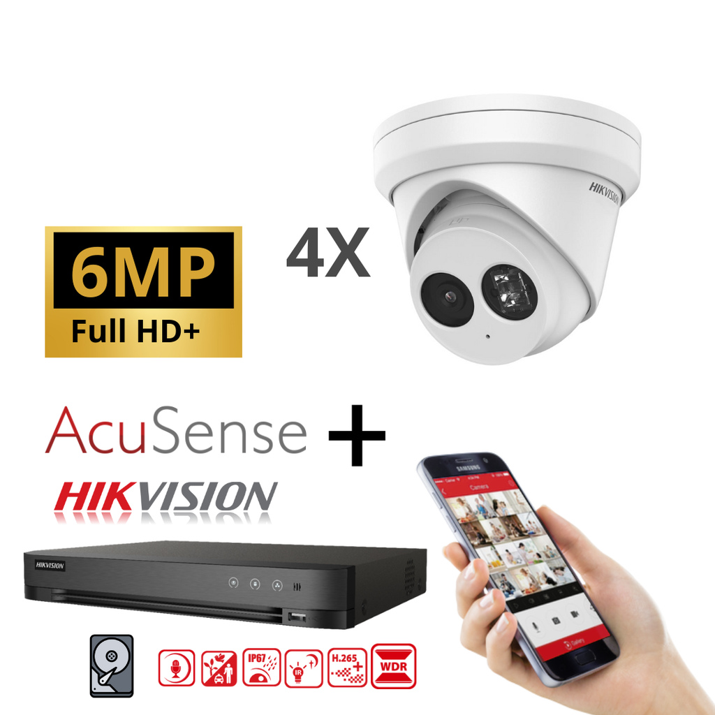 Hikvision IP-Kit 4x Camera 6MP IR / Acusense G2 Serie - 4x DS-2CD2363G2-IU Audio Turret Camera - recorder NVR 8-kanaals DS-7608NXI-K1/8P - 4TB harde schijf geïnstalleerd