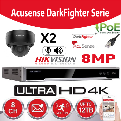 Hikvision IP-Kit Accusense G2 2x DS-2CD2186G2-I 8MP Darkfighter / Acusense  Dome Camera -  recorder NVR 4channel DS-7604NXI-K1/4P - 2Tb Hard Disk installed