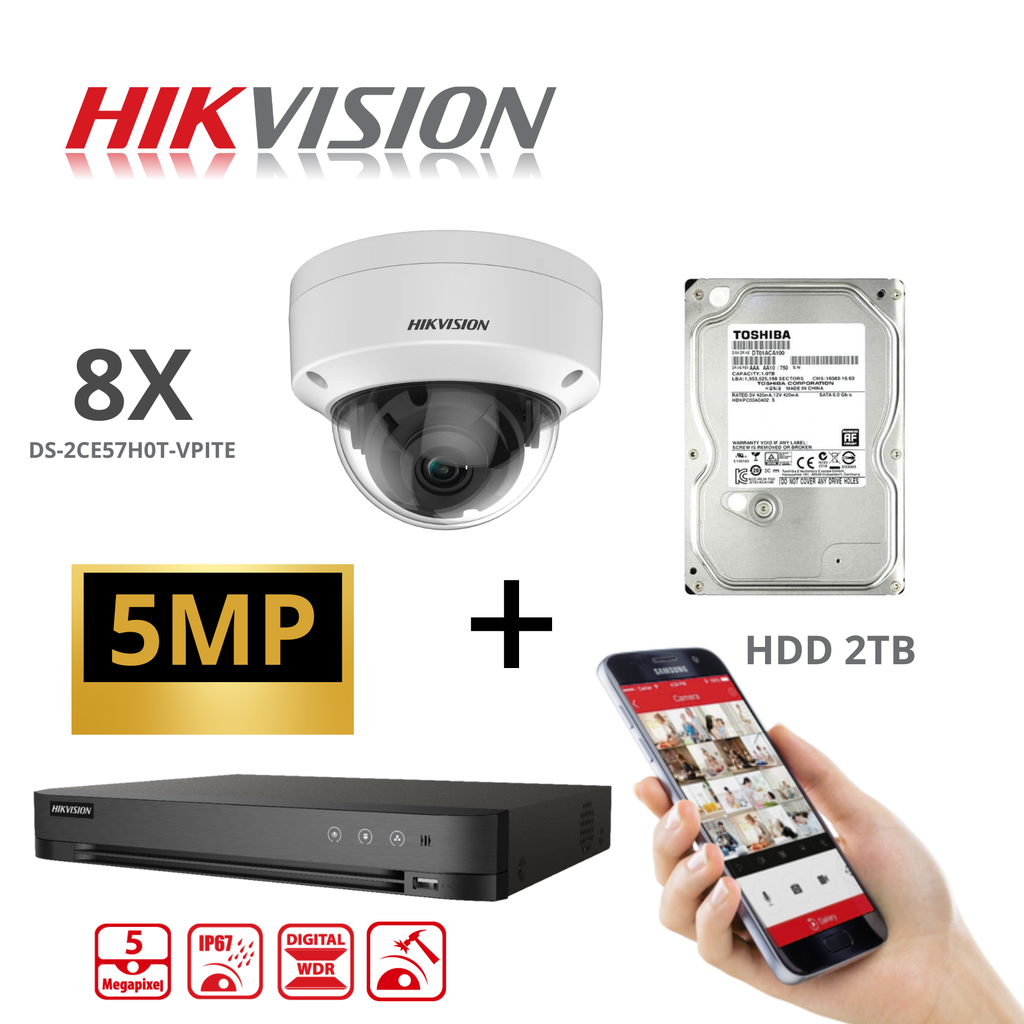 KIT HIKVISION 5 MP HDTVI Full HD 4K DVR 8 ch H.265 + 8x Camera Dome  5MP DS-2CE57HOT-VPIT 2.8mm + 2TB  HDD