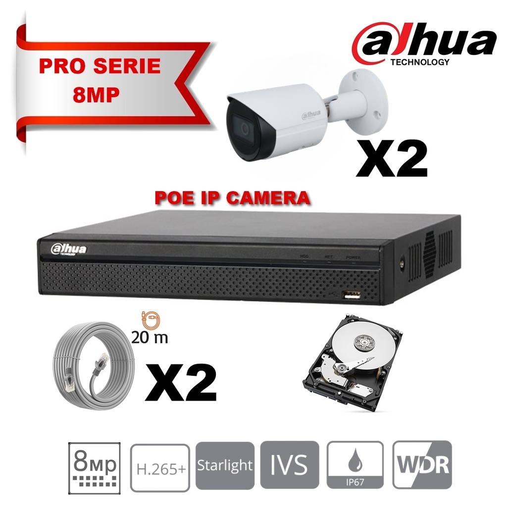 DAHUA Lite Kit Serie  IP 8MP 2x Camera Bullet  Fixed 2.8mm-IR 30M  + 8 Channels POE NVR + 2Tb Hard Disk Special Surveillance