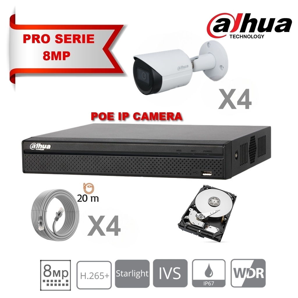 DAHUA Lite Kit Serie IP 8MP 4x Caméra Bullet DH-IPC-HFW2831SP-S-S2 Fixe 2.8mm-IR 30M + 8 Canaux POE NVR + Disque dur 2 To spécial surveillance