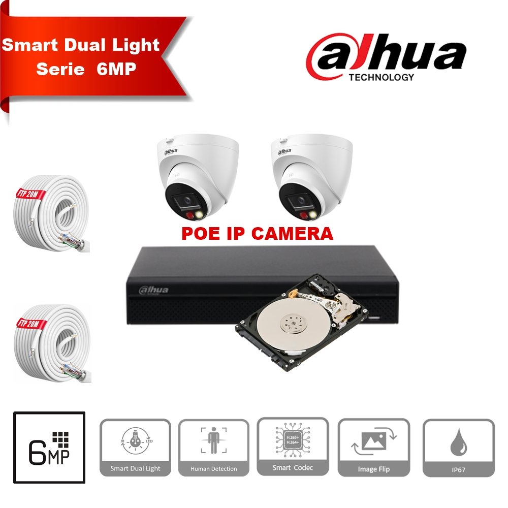 DAHUA Smart Dual Light-serie 30m IP-camerakit - 2x 6 megapixel 2,8 mm cameratorentjes + 8 kanalen POE NVR + 2 TB max. 8x camera