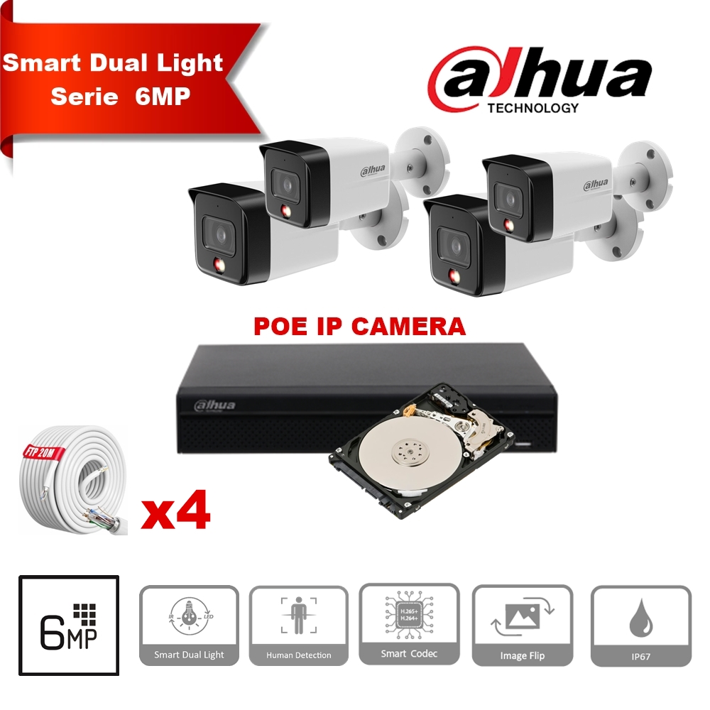 DAHUA Smart Dual Light-serie 30m IP-camerakit - 4x 6 megapixel 2,8 mm camerabullet + 8 kanalen POE NVR + 2 TB max. 8x camera