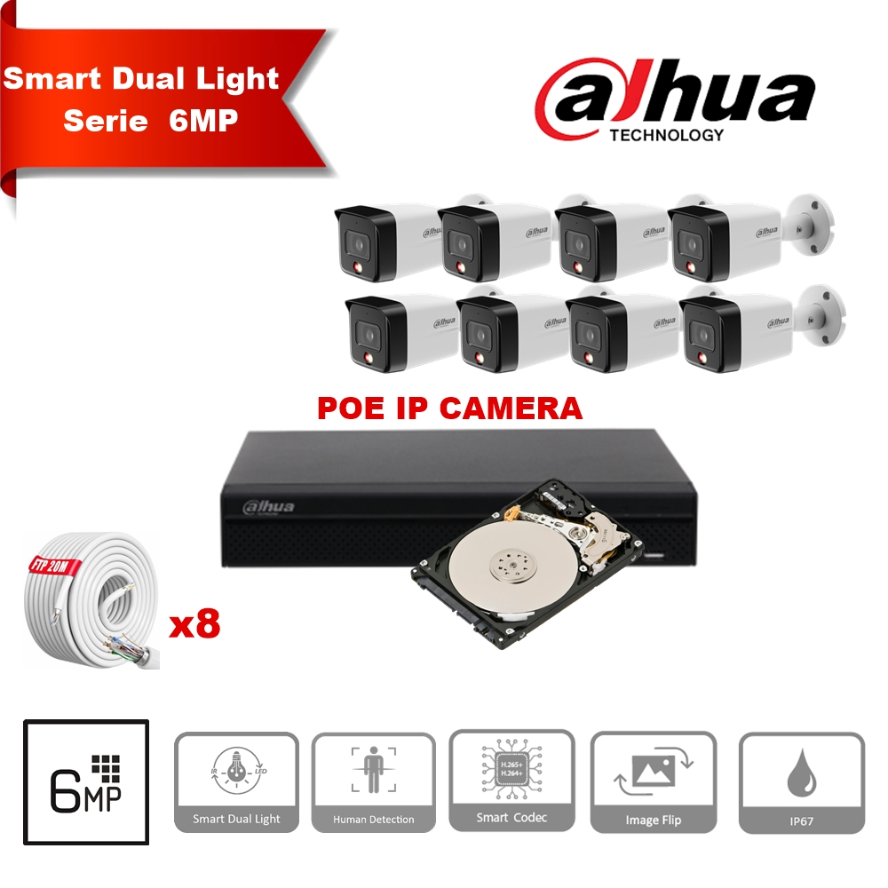 DAHUA Smart Dual Light-serie 30m IP-camerakit - 8x 6 megapixel 2,8 mm camerabullet + 8 kanalen POE NVR + 4 TB