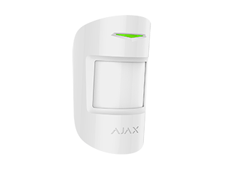 Ajax MotionProtect, détecteur de mouvement PIR sans fil, blanc. Jusqu'à 12 m, résistant aux animaux jusqu'à 20 kg, CR123A. Dimensions 110 x 65 x 50 mm.