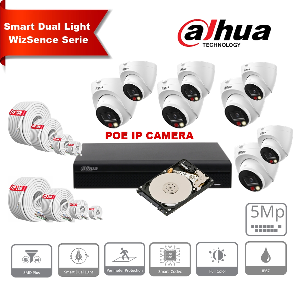 DAHUA Smart Dual Light Active Deterrence WizSense Series 30m IP Camera Kit - 8 x 5 Megapixel 2.8mm Cameras + 8 Channel POE NVR + 4TB Max. 