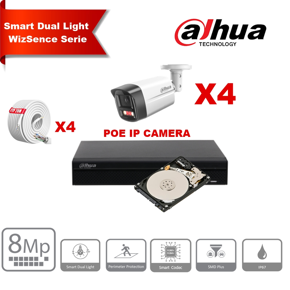 DAHUA Smart Dual Light WizSense-serie  30m IP-camerakit - 4x 8 megapixel 2,8 mm camerabullet + 8 kanalen POE NVR + 2 TB max. 8x camera