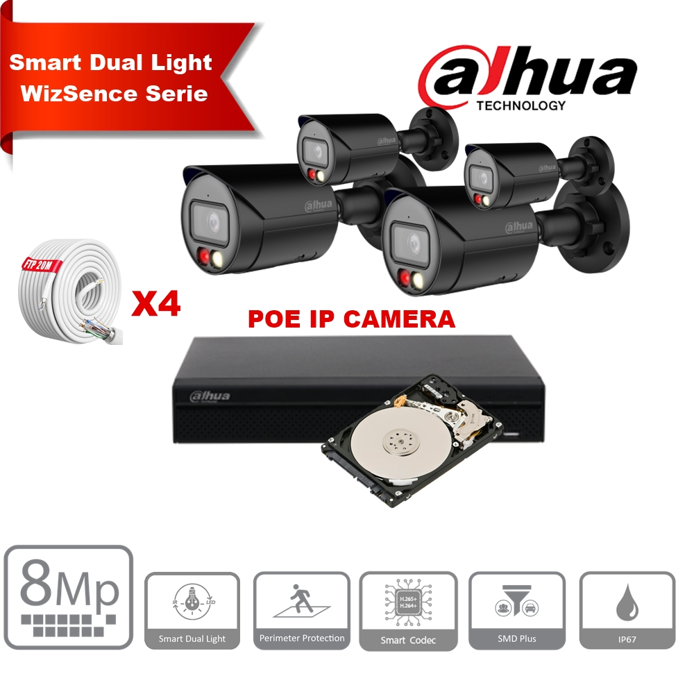 DAHUA Smart Dual Light WizSense  Series 30m IP Camera Kit - 4x 8 Megapixel 2.8mm Camera Bullet + 8 Channels POE NVR + 2TB Max 8x Camera 