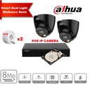DAHUA Smart Dual Light WizSense Series 30m IP Camera Kit - 2x 8 Megapixel 2.8mm Camera Turret Black + 8 Channels POE NVR + 2TB Max 8x Camera 
