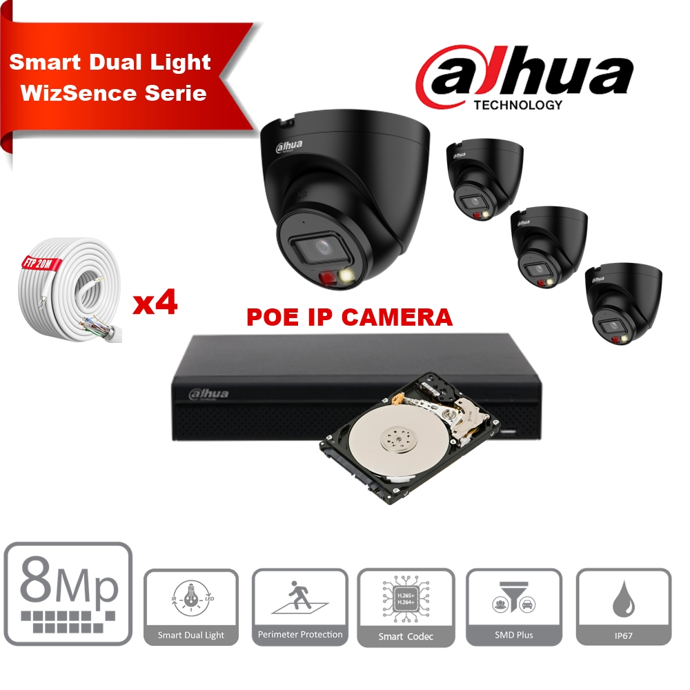 DAHUA Smart Dual Light WizSense  Series 30m IP Camera Kit - 4x 8 Megapixel 2.8mm Camera Turret IPC-HDW2849T-S-IL + 8 Channels POE NVR + 2TB Max 8x Camera 