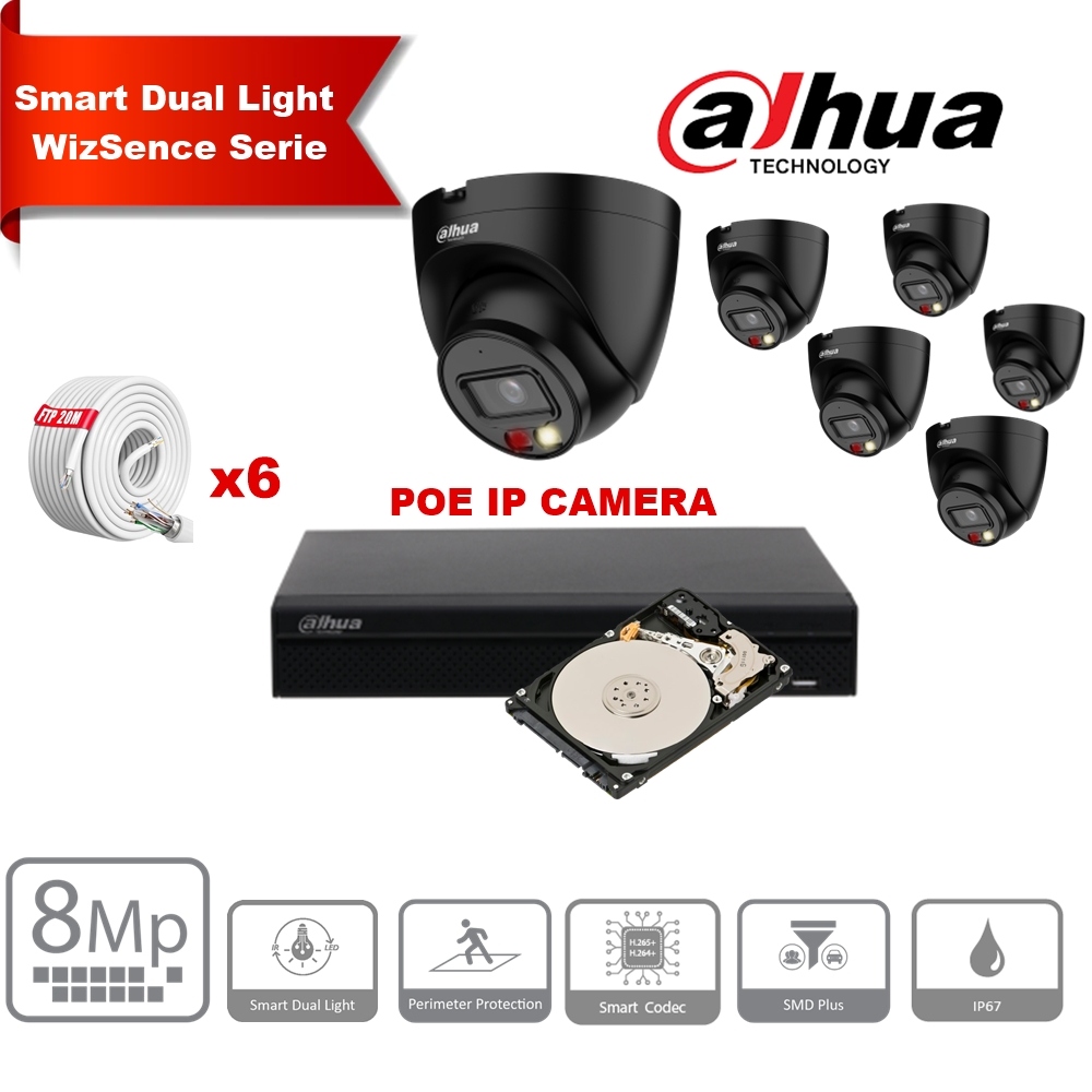 Kit de caméras IP DAHUA Smart Dual Light WizSense   Series 30 m - 6 caméras Turret  PC-HDW2849T-S-IL 8 mégapixels 2,8 mm  Noir+ NVR POE 8 canaux + 4To max. 8 caméras   (copie)