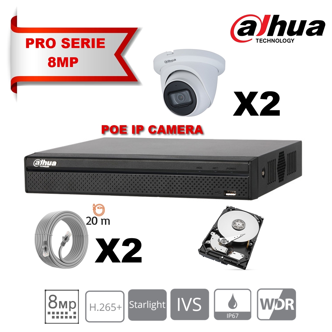 [IPDH-LT8M-2TW] DAHUA Lite Kit Serie IP 8MP  2x Caméra Tourelle Fixe 2.8mm-IR 30M + 8 Canaux POE NVR + Disque dur 2 To spécial surveillance (White)