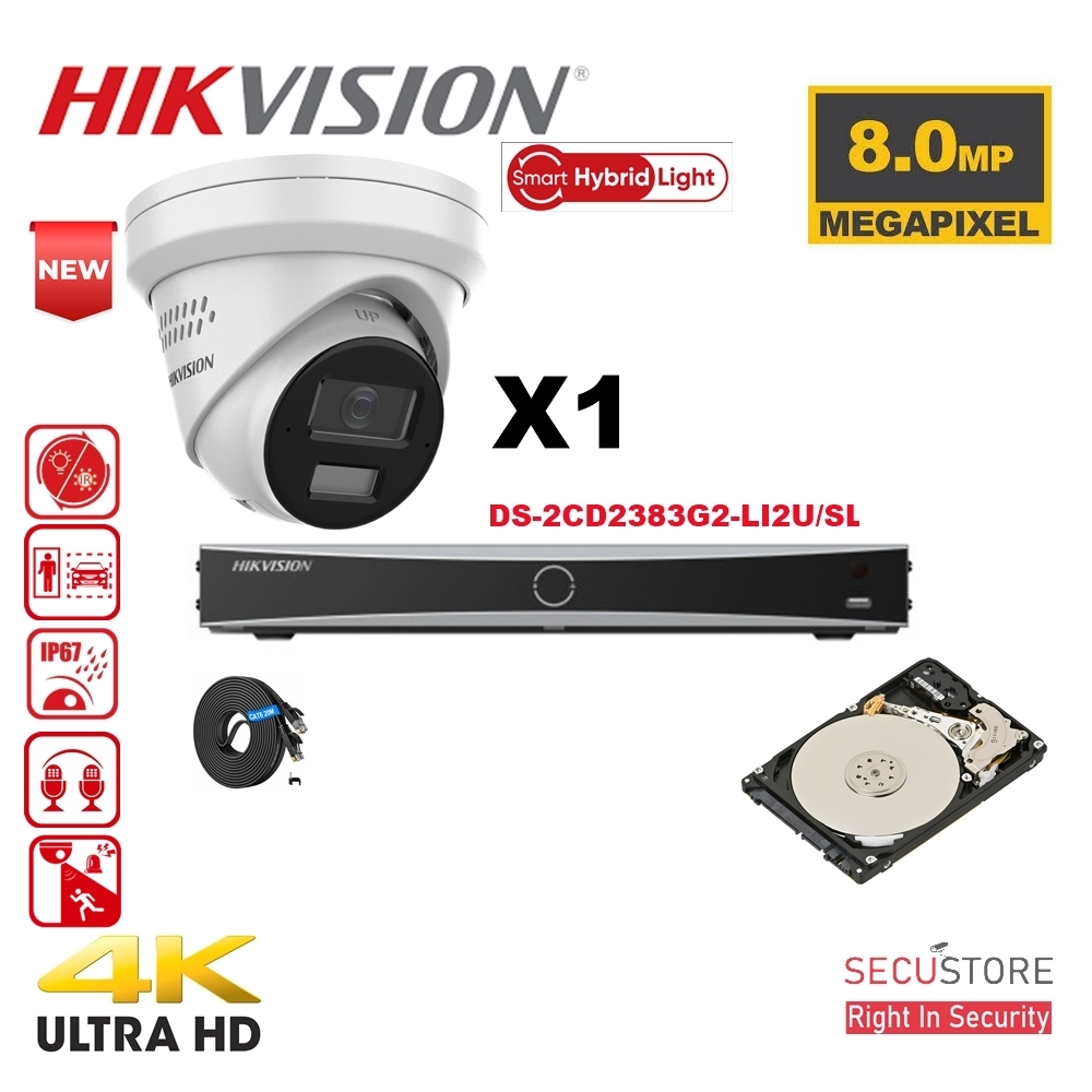 HIKVISION Camera Kit Acusense - Smart Hybrid Light e - 1x IP Camera Turret 4k-8MP Active Strobe Light and Audio Alarm - NVR Acusense NXI Series 4xChannel with POE - Hard Drive 2TB Expandable up to 4x IP Cameras