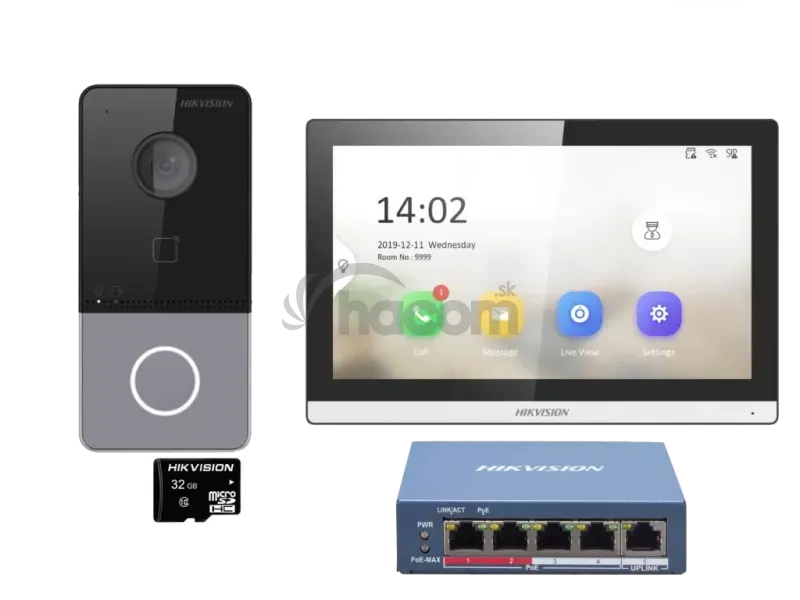 Hikvision DS-KIS607-S - IP PoE video-intercomset voor villa's - 1 belknop, opbouwmontage, 7-inch wifi-touchscreenmonitor + 5-poorts PoE-switch