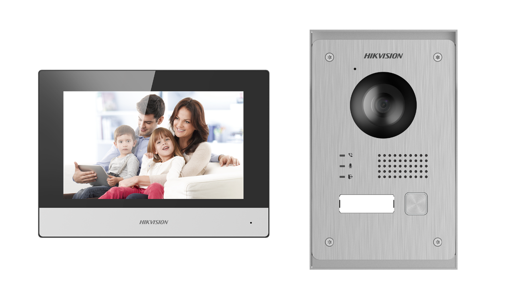Hikvision DS-KIS703-P 2-draads IP-video-intercomset 1x oproepknop Opbouw-/inbouwmontage - 7 inch touchscreen WIFI-monitor