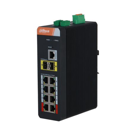 [PFS4210-8GT-DP] PFS4210-8GT-DP Industriële PoE-switch (L2) met 8 Gigabit-poorten + 2 Gigabit SFP-poorten (ring). Bliksemveilig 6 kV. 48 V~57 V DC. DIN-rail.