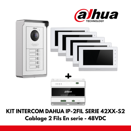 Kit d'appartement Dahua : 5 boutons d'interface IP (2 fils) 48 V CC + 5 écrans couleur 7 pouces (câblage série)