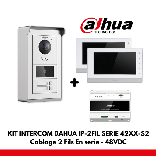 Kit d'appartement Dahua : 2 boutons d'interface IP (2 fils) - 48 V CC + lecteur d'étiquettes + 2 écrans couleur 7 pouces (câblage série)