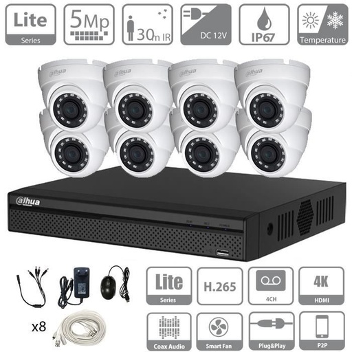 [CVI5MPKIT-8T2] Kit DVR DAHUA 8 canaux HDCVI 5 MP, 8 canaux et 8 caméras tourelle 5 MP, intérieur/extérieur - HD 2 To