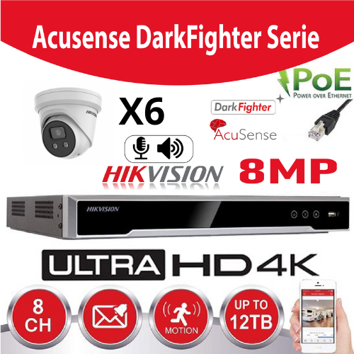 [IP-DF-6T] Hikvision Set IP-Acusense G2 Series 6x DS-2CD2386G2-IU -2.8mm 8 megapixel (4K) Turret Buit In  microphone + recorder NVR 8channel DS-7608NXI-K1/8P  - 4TB Hard Disk