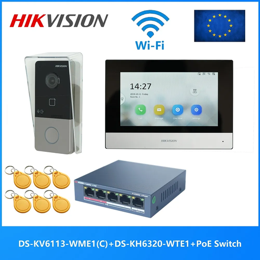 [DS-KIS603-S-P(C)] Hikvision DS-KIS603-S IP-POE video intercom kit 1x call button Surface Mount -7Inch Touch WIFI Monitor+ POE SWITCH 5Port