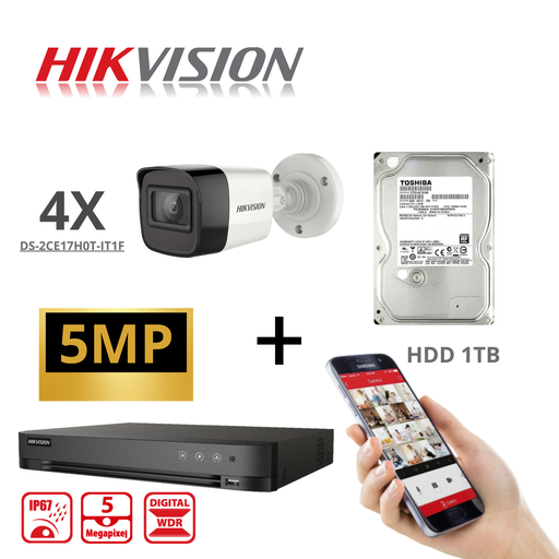[TVIKIT5M-B4] HIKVISION Set Turbo-HD 5 MP 4x Caméra - DVR 8 canaux - 4x 5MP Bullet Caméra Intérieur/Extérieur 2 To Disque dur