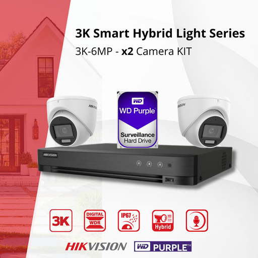 [TVIKIT3K-T2] HIKVISION Set 3K Dual Light - 2x Turret Camera 3K (6MP) Dual Light Audio Binnen/Buiten - DVR 8-kanaals - 1TB HDD