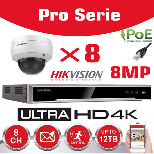 [IPHK-BE-88D-WH] Kit Hikvision IP 8x Caméra 8MP IR / Série Essential DS-2CD2183G0-IU Caméra dôme audio IR standard 30 m - Enregistreur NVR DS-7608NXI-K1/8P 8 canaux - Disque dur 4 To installé