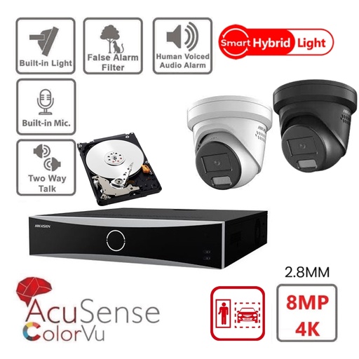 HIKVISION Camera Kit Acusense - Smart Hybrid Light met ColorVu Serie - 2x IP Camera Turret 4k-8MP Actief stroboscooplicht en audio-alarm - NVR Acusense NXI Serie 4xChannel met POE - Harde schijf 4TB Uitbreidbaar tot maximaal 4x IP-camera