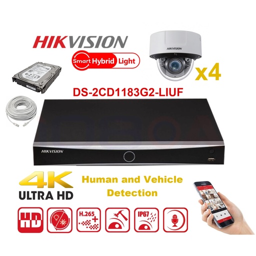 [IPMD-8M-4D] Kit caméra HIKVISION Smart Hybrid G2 Series 4x IP Camera Dome 8MP - NVR 4xChannel - Disque dur 2 To