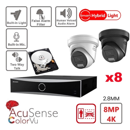  HIKVISION Camera Kit Acusense - Smart Hybrid Light met ColorVu Serie - 8x IP Camera Turret 4k-8MP Actief stroboscooplicht en audio-alarm - NVR Acusense NXI Serie 8x kanaal met POE - Harde schijf 6 TB