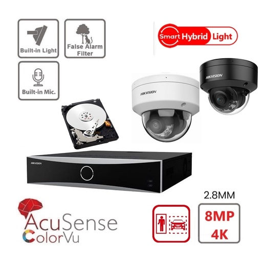 Kit caméra HIKVISION Acusense - Éclairage hybride intelligent avec ColorVu Série - 4x Caméra IP Dôme 4k-8MP audio intégré -NVR Acusense Série NXI 8xCanaux avec POE - Disque dur 4 To extensible jusqu'à 8x Caméra IP max.