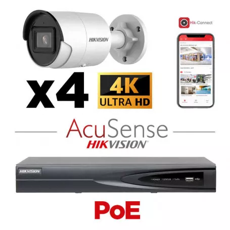 [IPACS-G2H-4B-WH] HIKVISION Acusense - Camera Kit - Éclairage hybride intelligent avec ColorVu Série - 4x Caméra IP Bullet 4k-8MP Lumière stroboscopique active et alarme audio -NVR Acusense Série NXI 8x Canaux avec POE - Disque dur 4 To extensible jusqu'à 8x Caméra IP