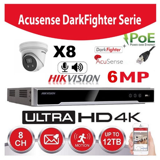 [IPACS-G2IR-6M-8T] Hikvision Set IP-Darkfighter - Acusense G2 Serie 8x DS-2CD2366G2-IU - 2.8mm 6 megapixel Turret Ingebouwde microfoon + recorder NVR 8-kanaals DS-7608NXI-K1/8P - Harde schijf 6TB