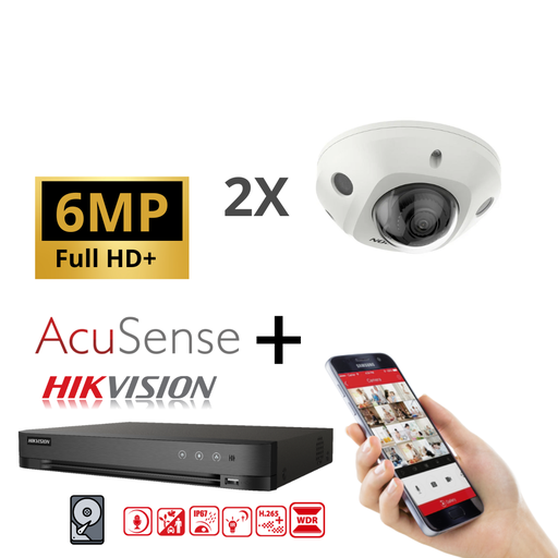 [IPG2IR-6M-2MD] Hikvision IP-Kit 2x Camera 6MP  IR / Acusense G2 Serie - 2x DS-2CD2563G2-I 2.8mm Audio Mini Dome Camera - recorder NVR 4channel  DS-7604NXI-K1/4P  - 2TB Hard Disk installed