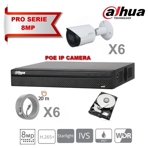 [IPDH-LT8M-6B] DAHUA Lite Kit Serie IP 8MP 6x Camera Bullet  DH-IPC-HFW2831TP-AS-S2 Fixed 2.8mm-IR 30M  + 8 Channels POE NVR 4Tb Hard Disk Special Surveillance
