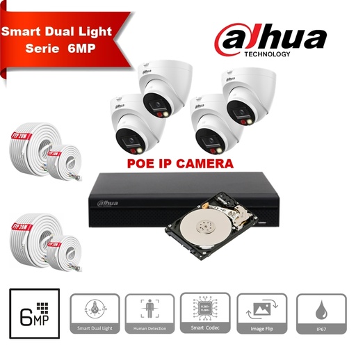 [IPDH-DL6M-4T] DAHUA Smart Dual Light-serie 30m IP-camerakit - 4x 6 megapixel 2,8 mm cameratorentjes + 8 kanalen POE NVR + 2 TB max. 8x camera