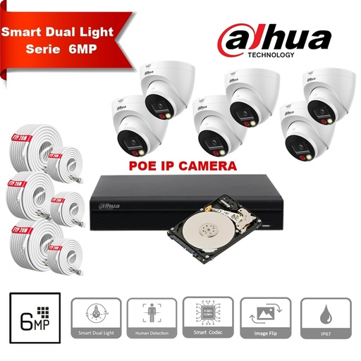 [IPDH-DL6M-6T] Kit de caméras IP DAHUA Smart Dual Light Series 30 m - 6 caméras 6 mégapixels 2,8 mm + 8 canaux POE NVR + 2 To max. 8 caméras