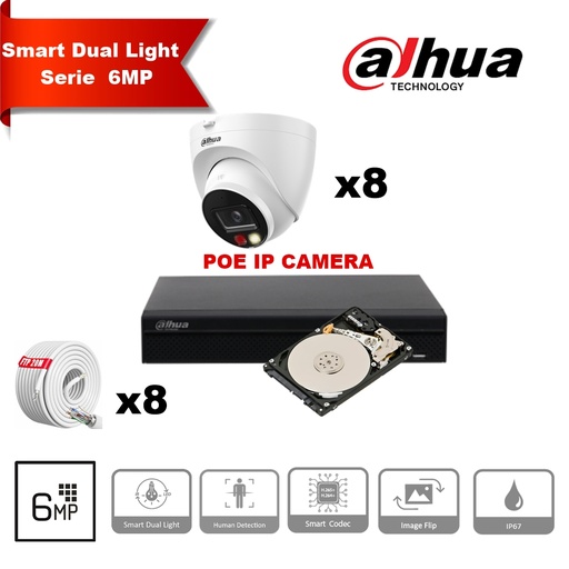 [IPDH-DL6M-8T] DAHUA Smart Dual Light-serie 30m IP-camerakit - 8x 6 megapixel 2,8 mm cameratorentjes + 16 kanalen POE NVR + 4 TB max. 16x camera