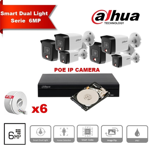 [IPDH-DL6M-6B] DAHUA Smart Dual Light Series 30m IP Camera Kit - 6x 6 Megapixel 2.8mm Camera Bullet + 8 Channels POE NVR + 2TB Max 8x Camera