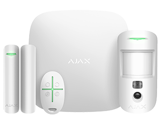 [38172.58.WH1] Ajax Starterkit Cam, White. The kit consists of the Ajax Hub 2, Ajax MotionCam detector, Ajax DoorProtect opening detector and Ajax SpaceControl key fob