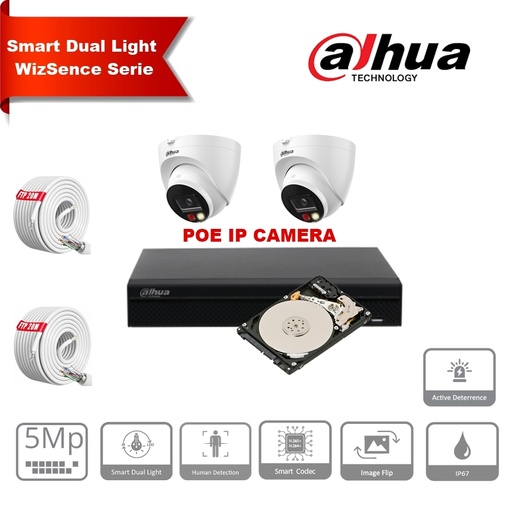 [IPDH-DLW2T-5M] DAHUA Smart Dual Light Active Deterrence WizSense Series 30m IP-camerakit: 2 x 5 Megapixel 2,8mm camera's + 8-kanaals POE NVR + 2 TB max. 8 CAMERA'S.