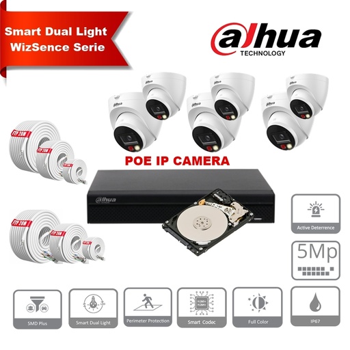 [IPDH-DLW6T-5M] Kit de caméras IP DAHUA Smart Dual Light Active Deterrence WizSense Series 30 m - 6 tourelles de caméra 5 mégapixels 2,8 mm + NVR POE 8 canaux + 8 caméras max. 2 To