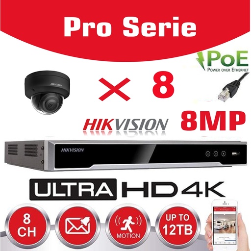 [IPHK-BE-88D-BK] Hikvision IP-Kit 8x Camera 8MP IR / Essential Serie DS-2CD2183G0-IU ZWART Audio Dome Camera IR Standaard 30m - recorder NVR DS-7608NXI-K1/8P 8-kanaals - 6TB Harde Schijf geïnstalleerd