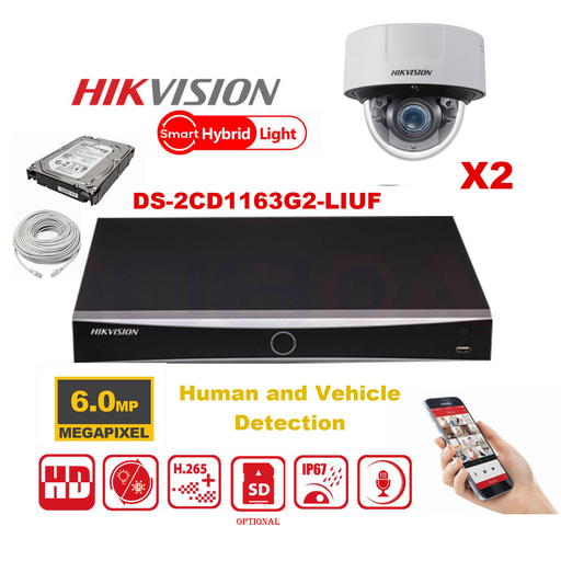 [IPMD-6M-2D] Kit caméra HIKVISION Smart Hybrid G2 Series 2x IP Camera Dome 6MP - NVR 4xChannel POE Acusense - Disque dur 2 To