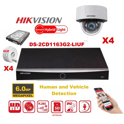 [IPMD-6M-4D] Kit caméra HIKVISION Smart Hybrid G2 Series 4x IP Camera Dome 6MP - NVR 4xChannel POE Acusense - Disque dur 2 To