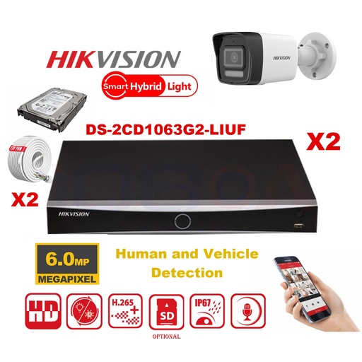 [IPMD-6M-2B] Kit caméra HIKVISION Smart Hybrid G2 Series 2x IP Camera Bullet 6MP - NVR 4xChannel POE Acusense - Disque dur 2 To