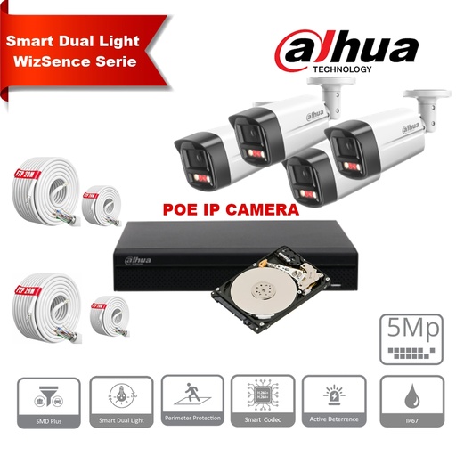 [IPDH-DLW4B-5M] DAHUA Smart Dual Light WizSense Active Deterrence Series 30m IP Camera Kit - 4x 5 Megapixel 2.8mm Camera Bullet + 8 Channels POE NVR + 2TB Max 8x Camera